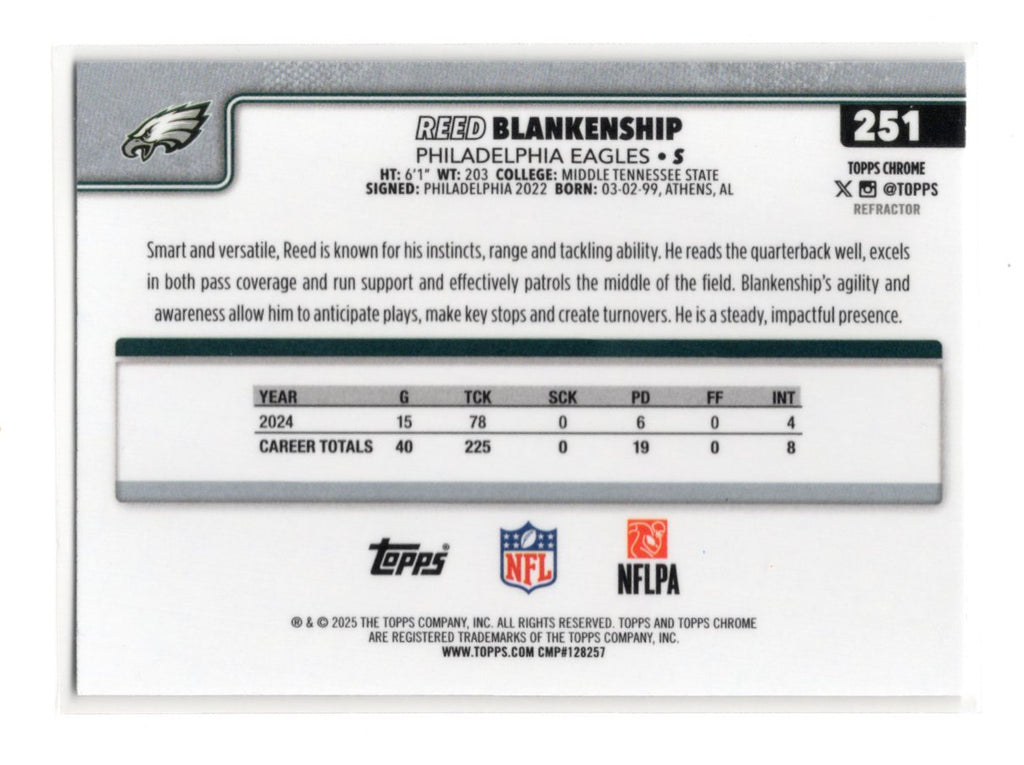2025 Topps Chrome Reed Blankenship Card Refractor Philadelphia Eagles #251