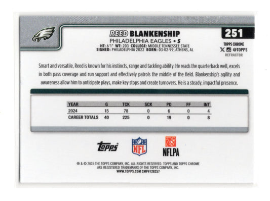 2025 Topps Chrome Reed Blankenship Card Refractor Philadelphia Eagles #251