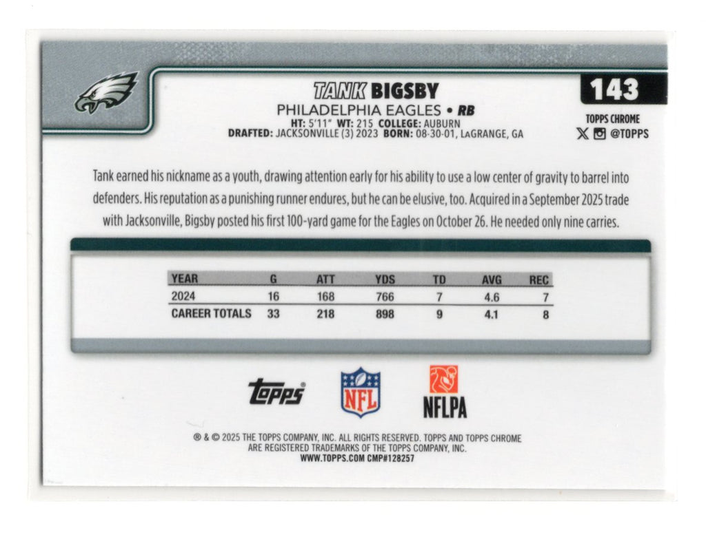 2025 Topps Chrome Tank Bigsby Card Ray Wave Refractor  Eagles #143