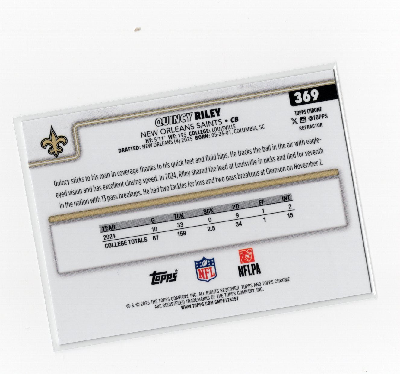 2025 Topps Chrome Quincy Riley Card Refractor RC New Orleans Saints #369