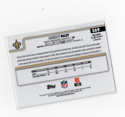 2025 Topps Chrome Quincy Riley Card Refractor RC New Orleans Saints #369