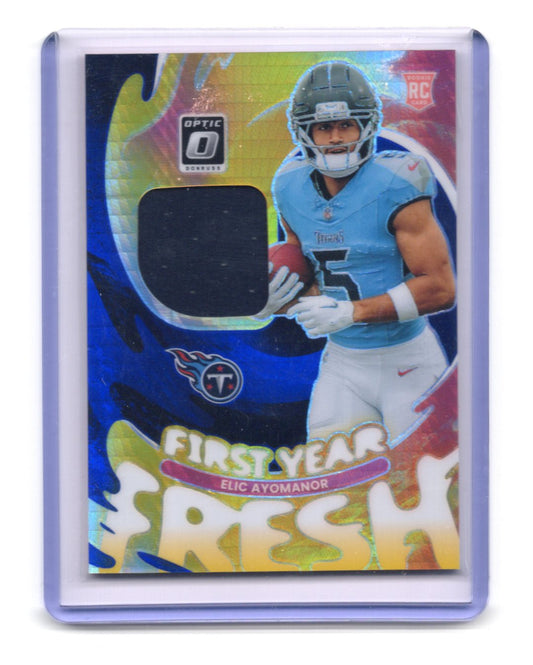 2025 Donruss Optic Elic Ayomanor Card First Year Fresh Blue Hyper MEM  Titans