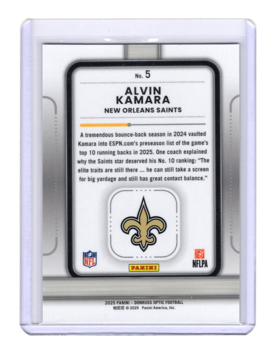 2025 Donruss Optic Alvin Kamara Card Play Action New Orleans Saints #5