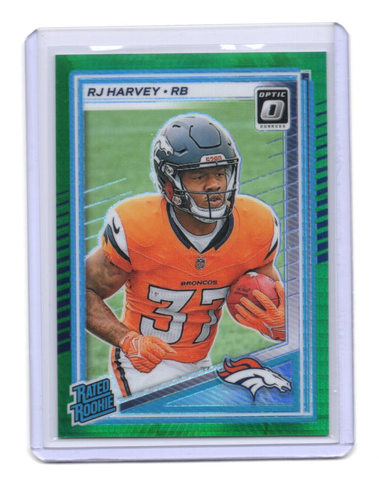 2025 Donruss Optic RJ Harvey Card Green Hyper RC Denver Broncos #208
