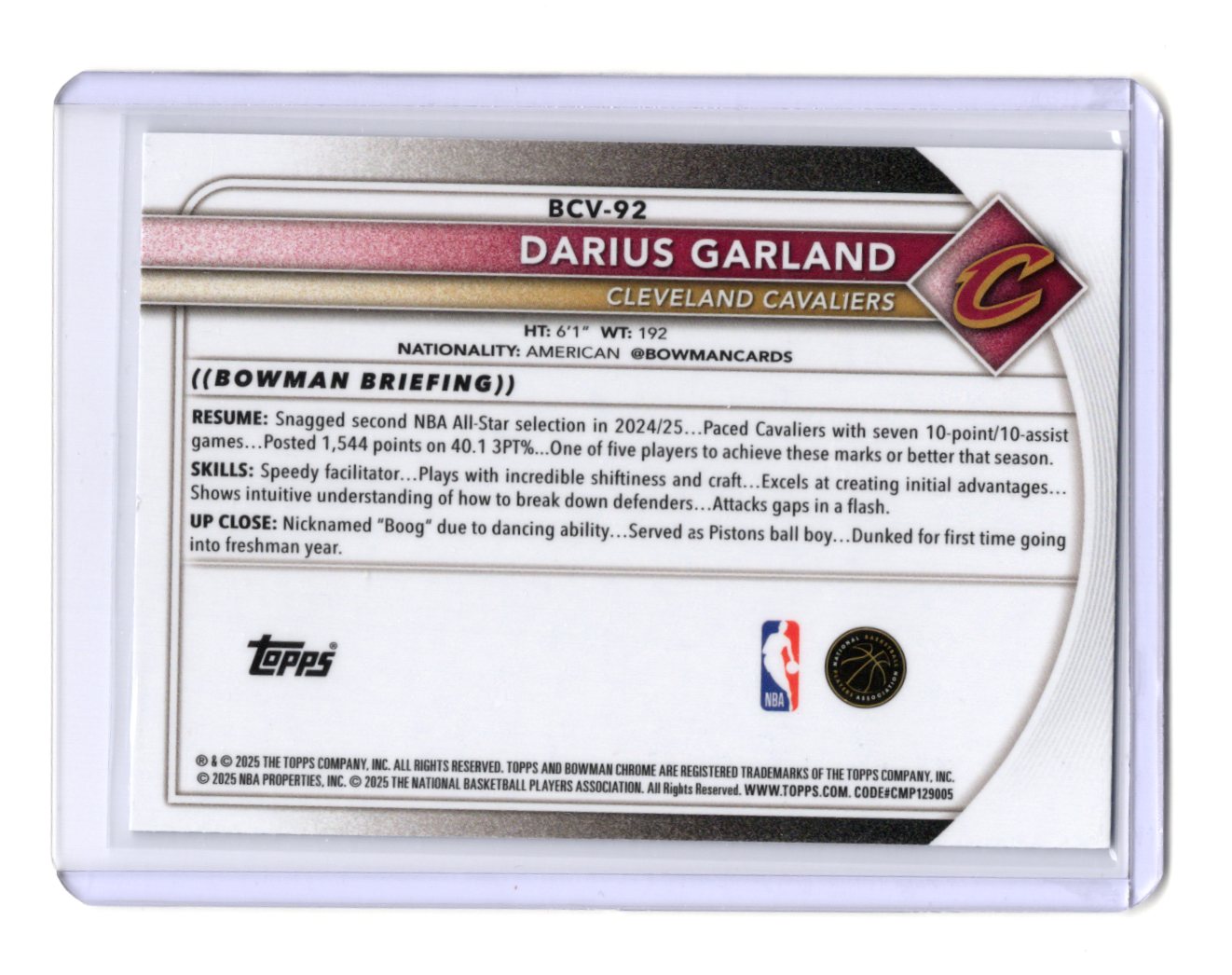 2025-26 Bowman Darius Garland Card Chrome Mojo Refractor Cavaliers #BCV-92