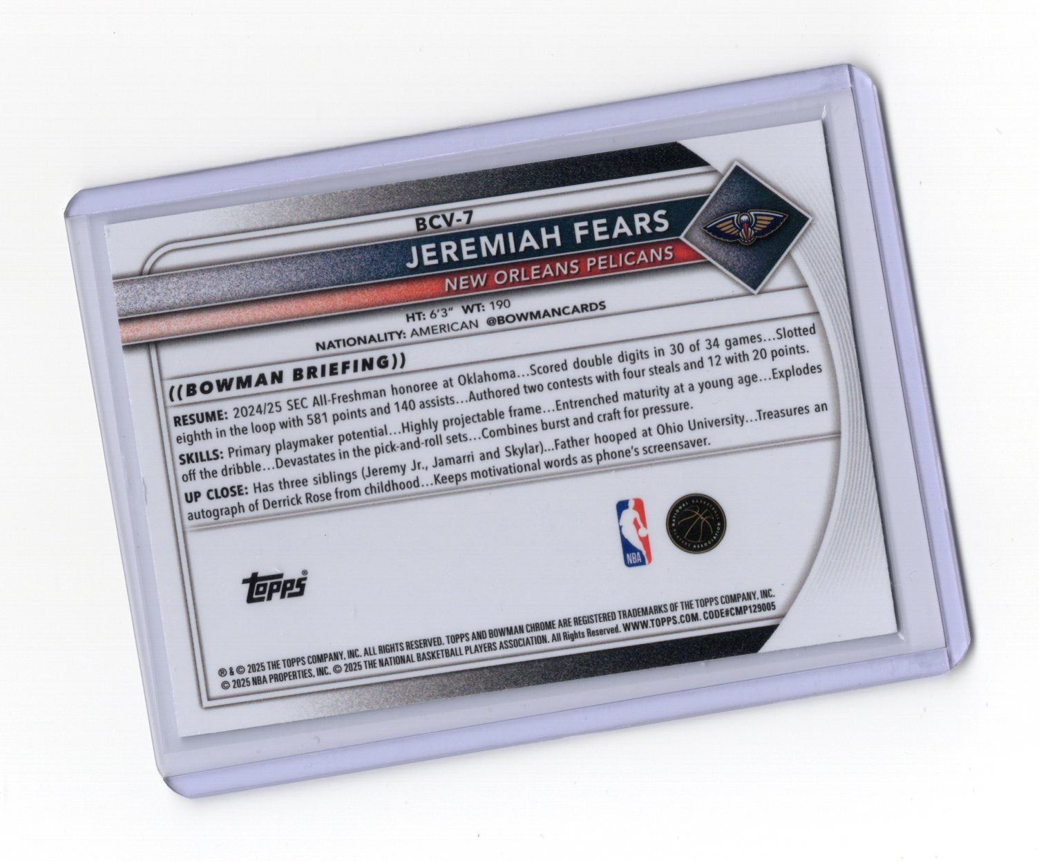2025-26 Bowman Jeremiah Fears Card Chrome Mojo Refractor  Pelicans #BCV-7