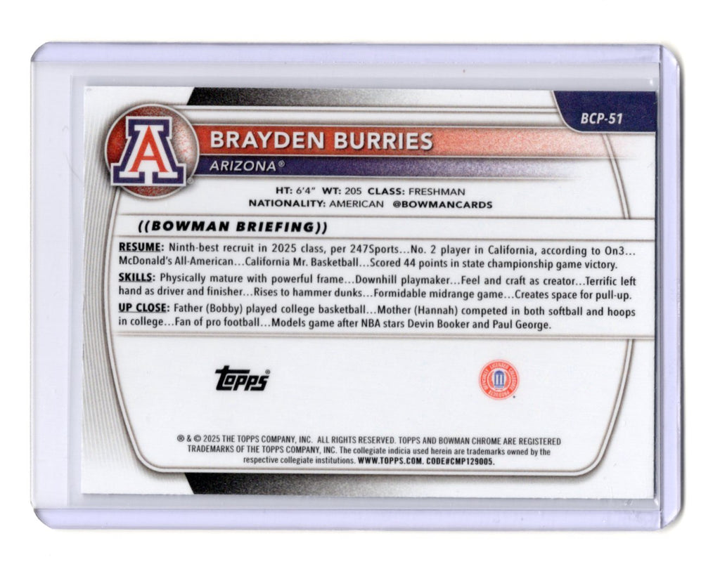 2025-26 Bowman Brayden Burries Card Chrome Prospects Mojo Refractor  Wildcats