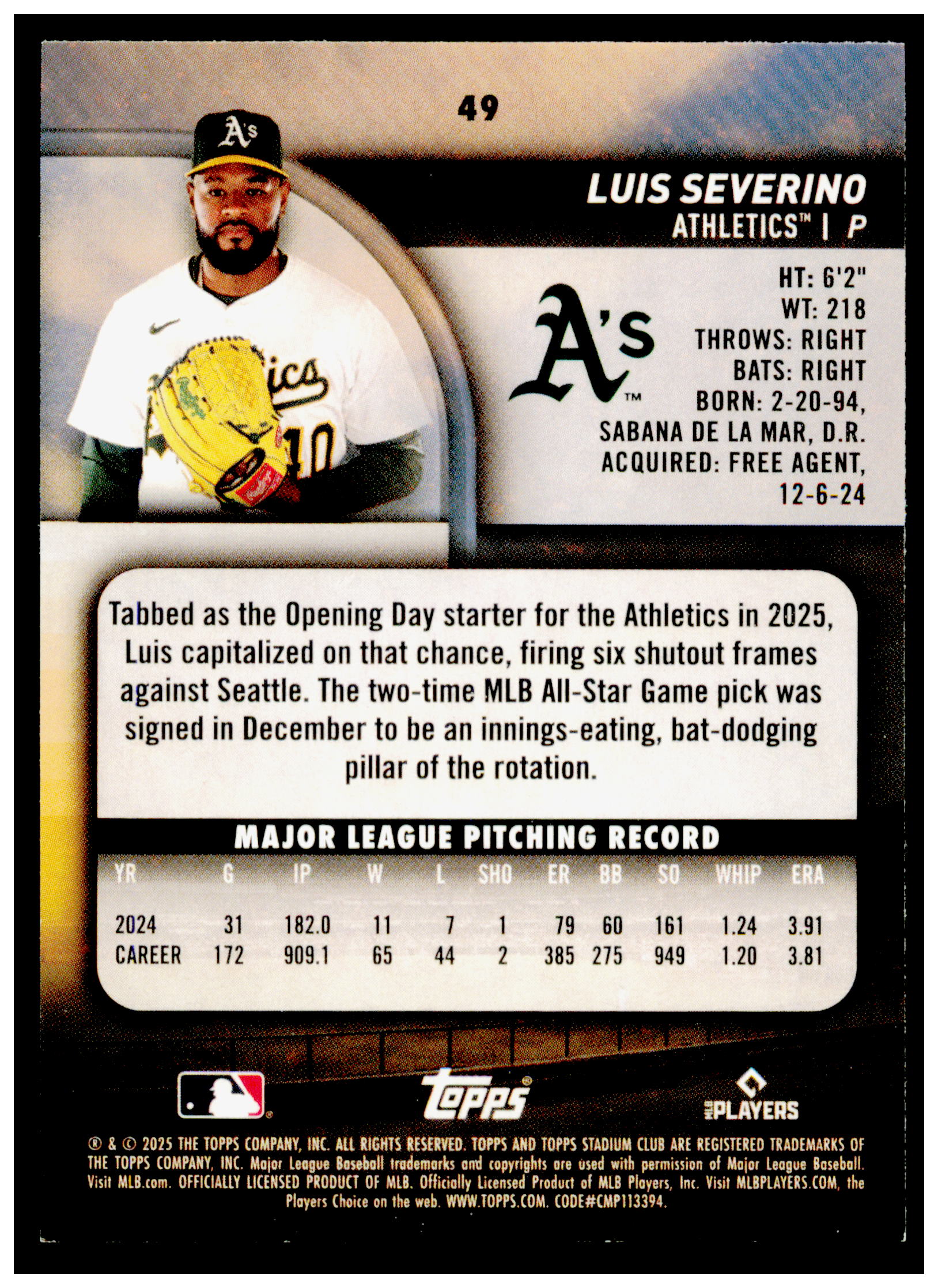2025 Stadium Club Luis Severino Card Athletics #49