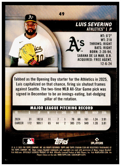 2025 Stadium Club Luis Severino Card Athletics #49