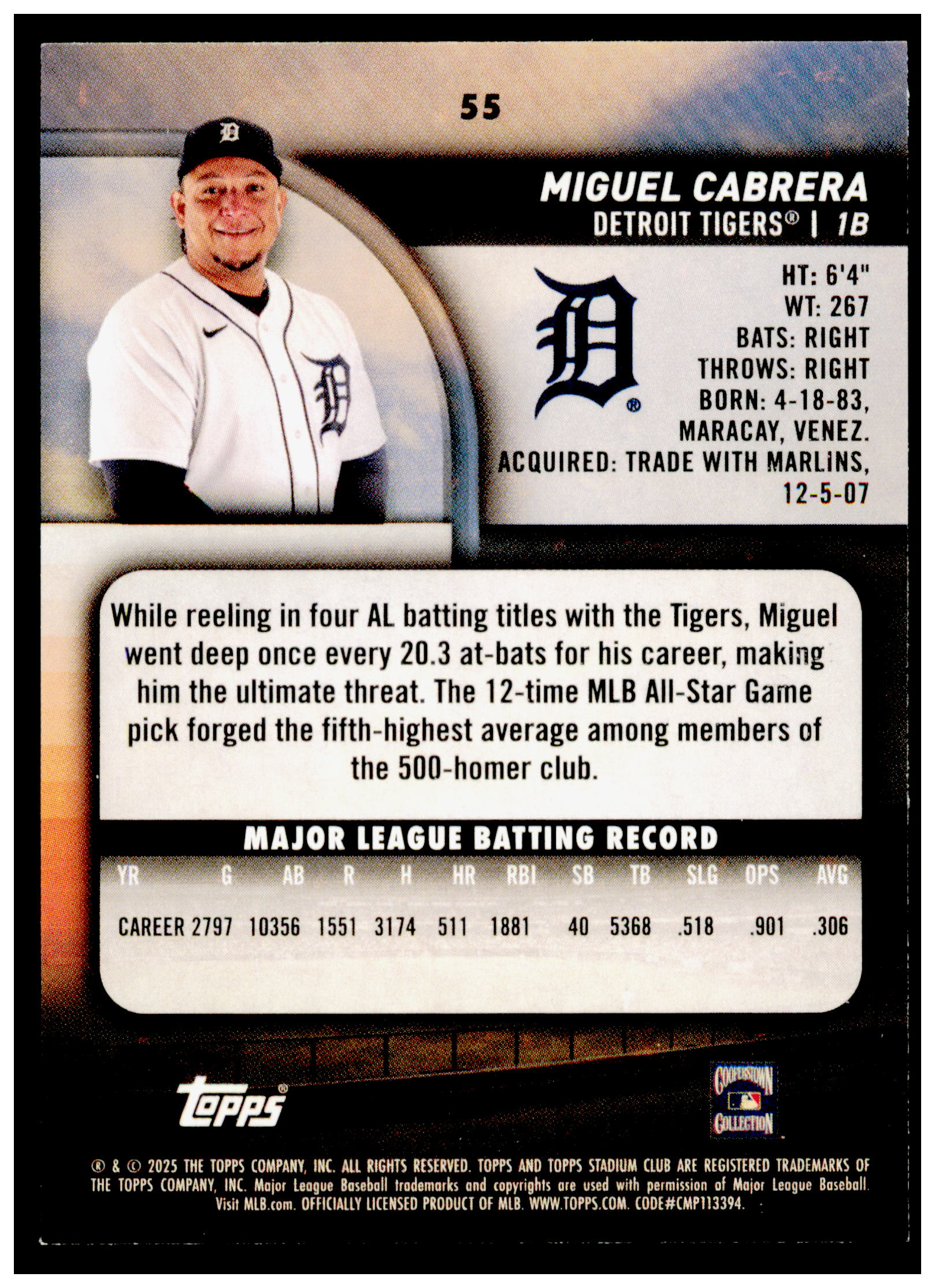 2025 Stadium Club Miguel Cabrera Card Detroit Tigers #55
