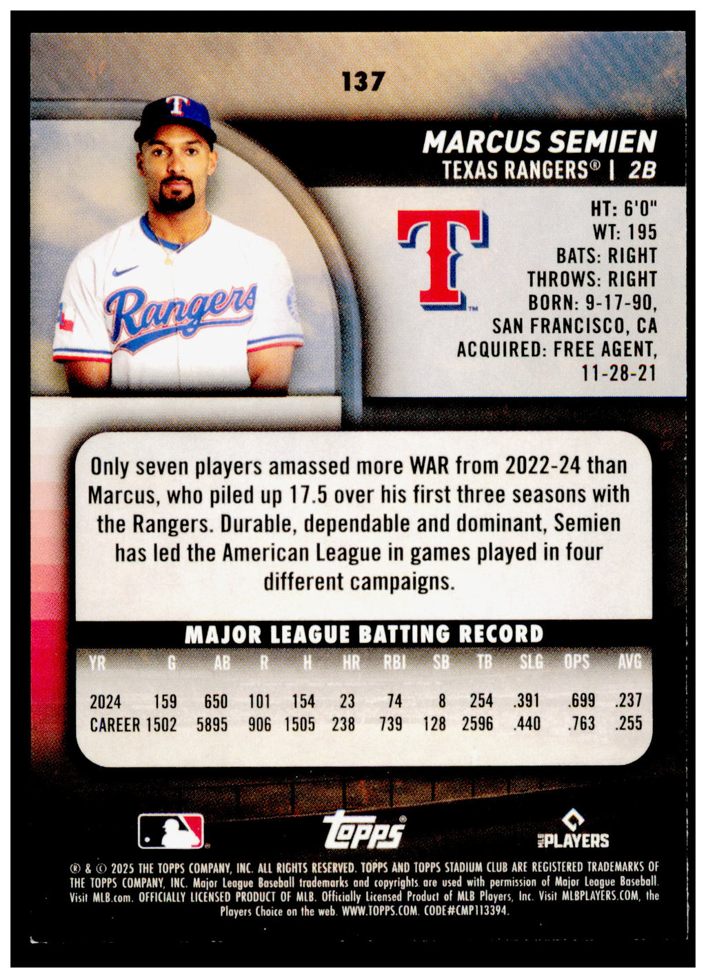 2025 Stadium Club Marcus Semien Card Texas Rangers #137