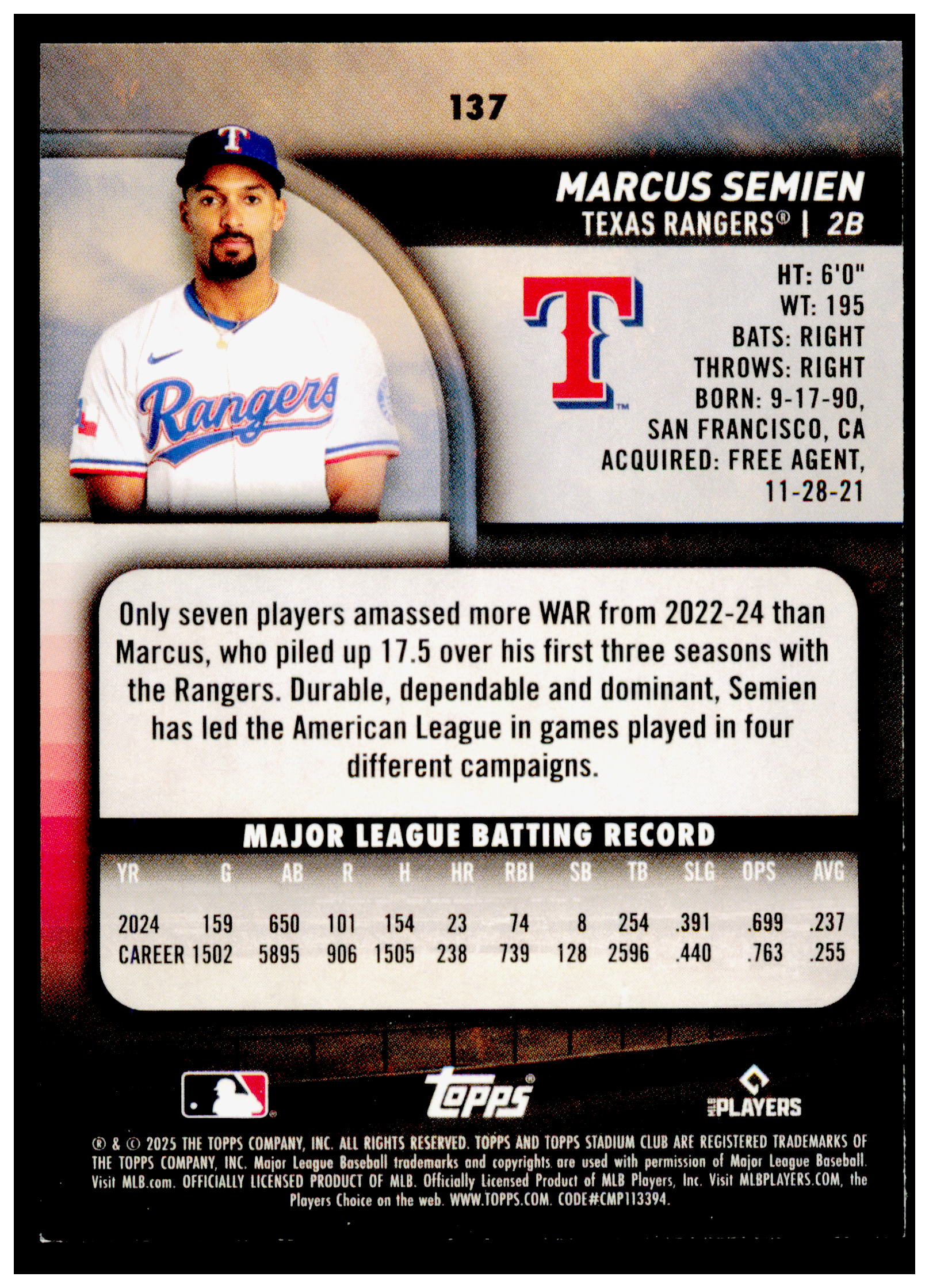 2025 Stadium Club Marcus Semien Card Texas Rangers #137
