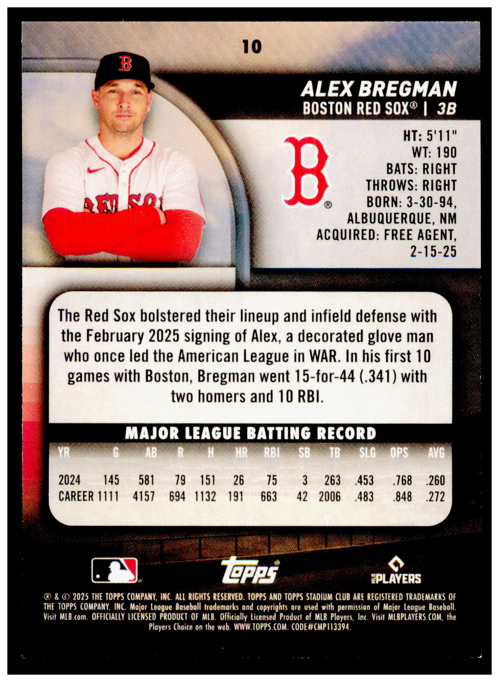 2025 Stadium Club Alex Bregman Card Blue Foil Boston Red Sox #10