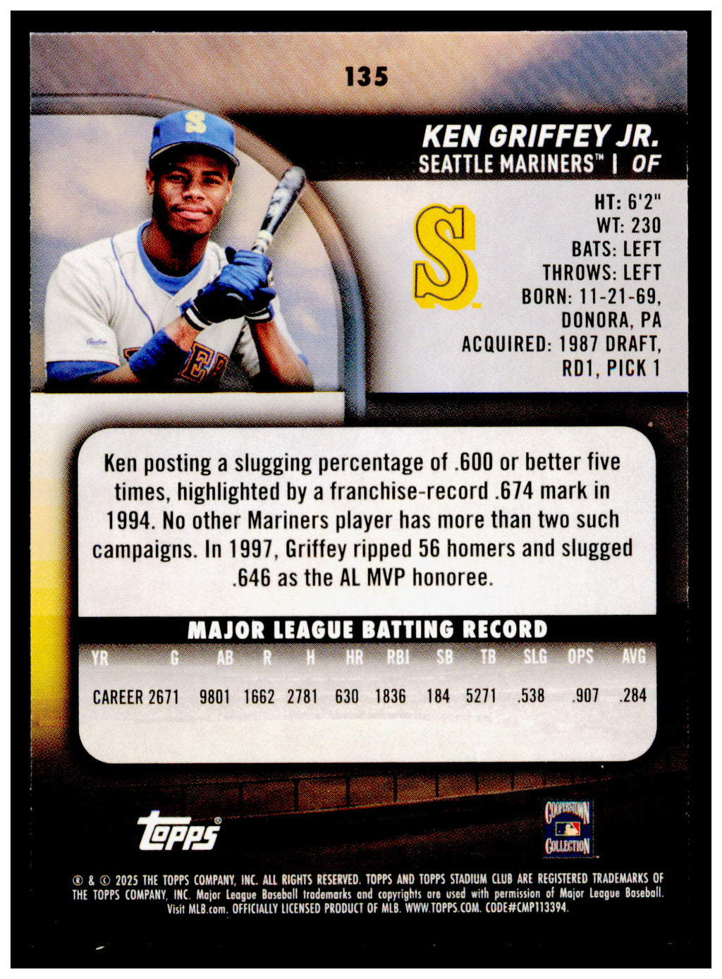 2025 Stadium Club Ken Griffey Jr. Card Seattle Mariners #135