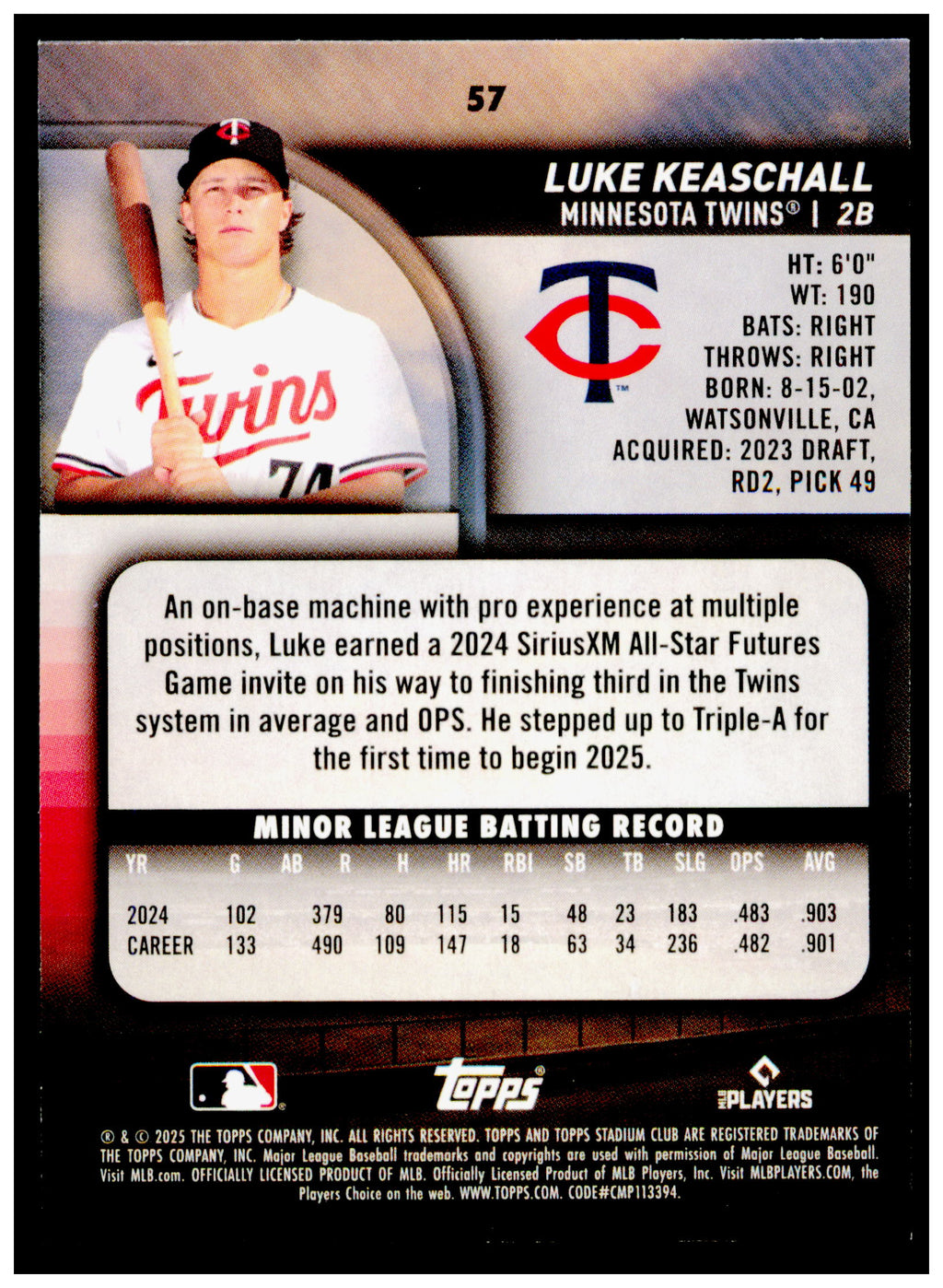 2025 Stadium Club Luke Keaschall Card RC Minnesota Twins #57