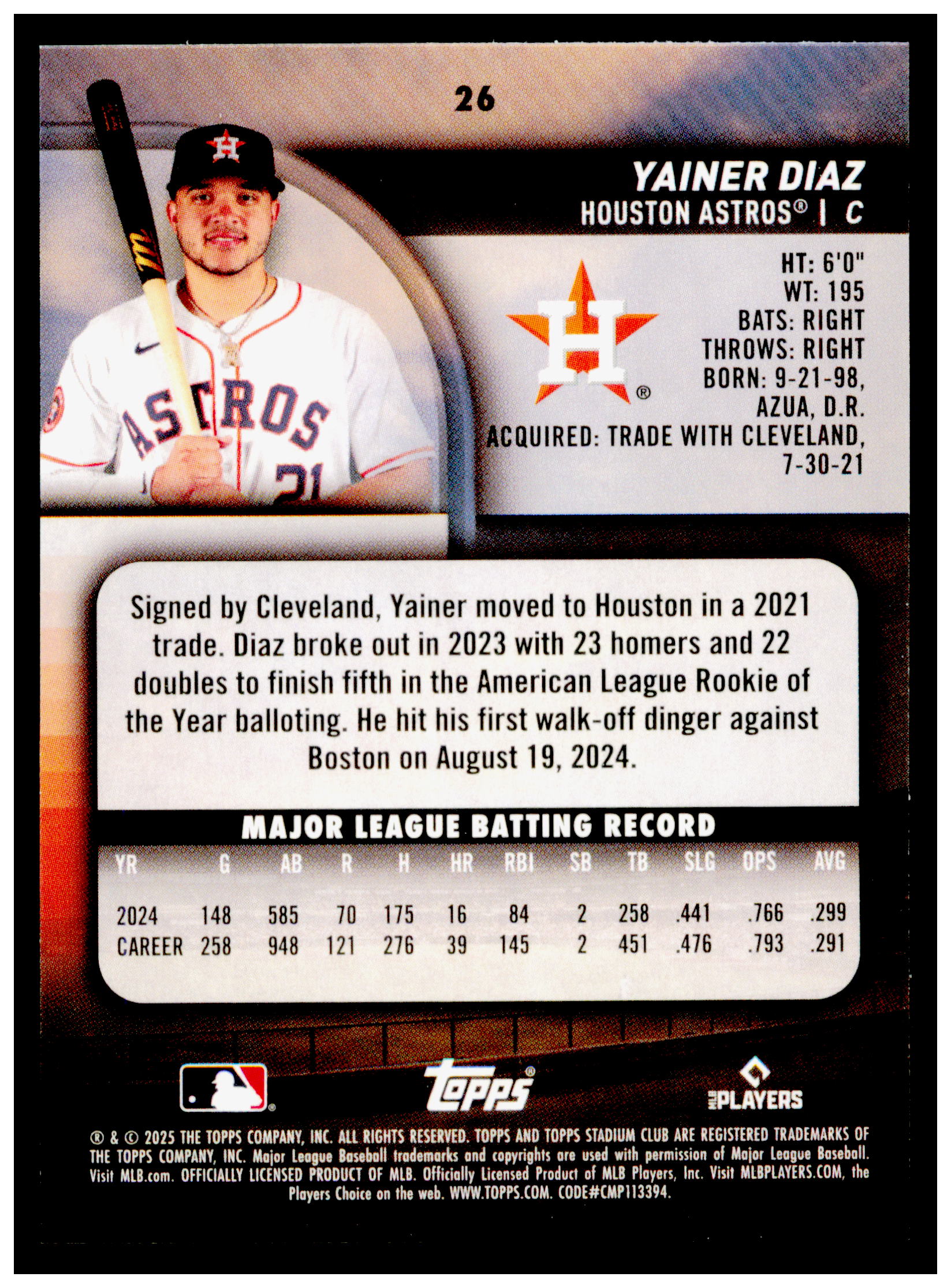 2025 Stadium Club Yainer Diaz Card Blue Foil Houston Astros #26