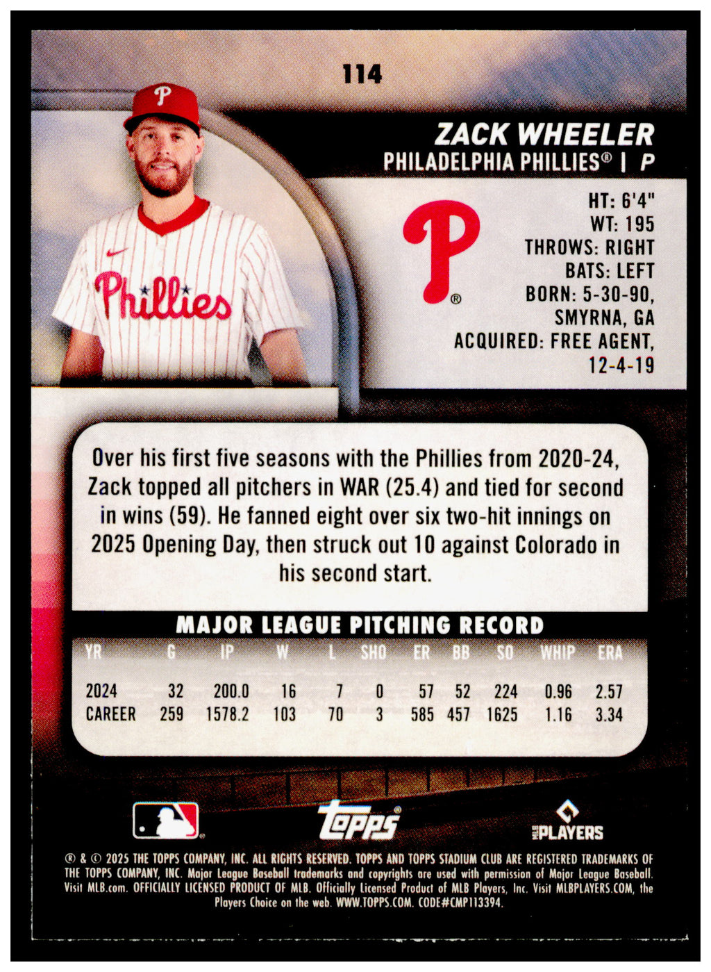 2025 Stadium Club Zack Wheeler Card Light Blue Foil Philadelphia Phillies #114