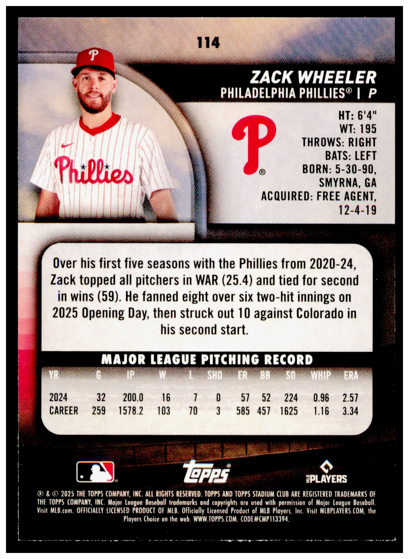 2025 Stadium Club Zack Wheeler Card Light Blue Foil Philadelphia Phillies #114