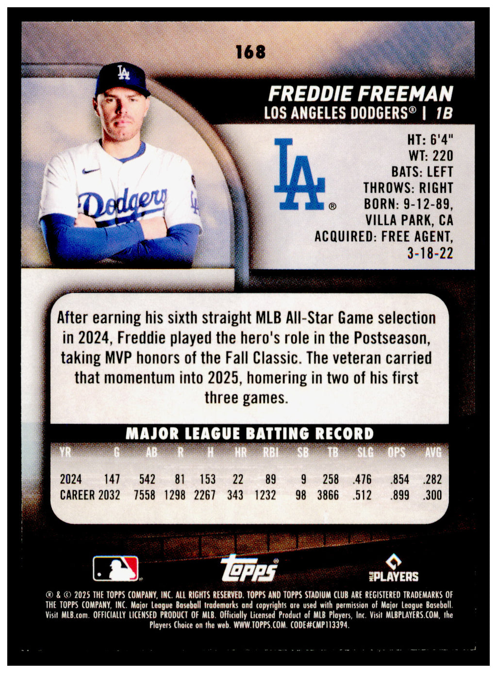 2025 Stadium Club Freddie Freeman Card Los Angeles Dodgers #168