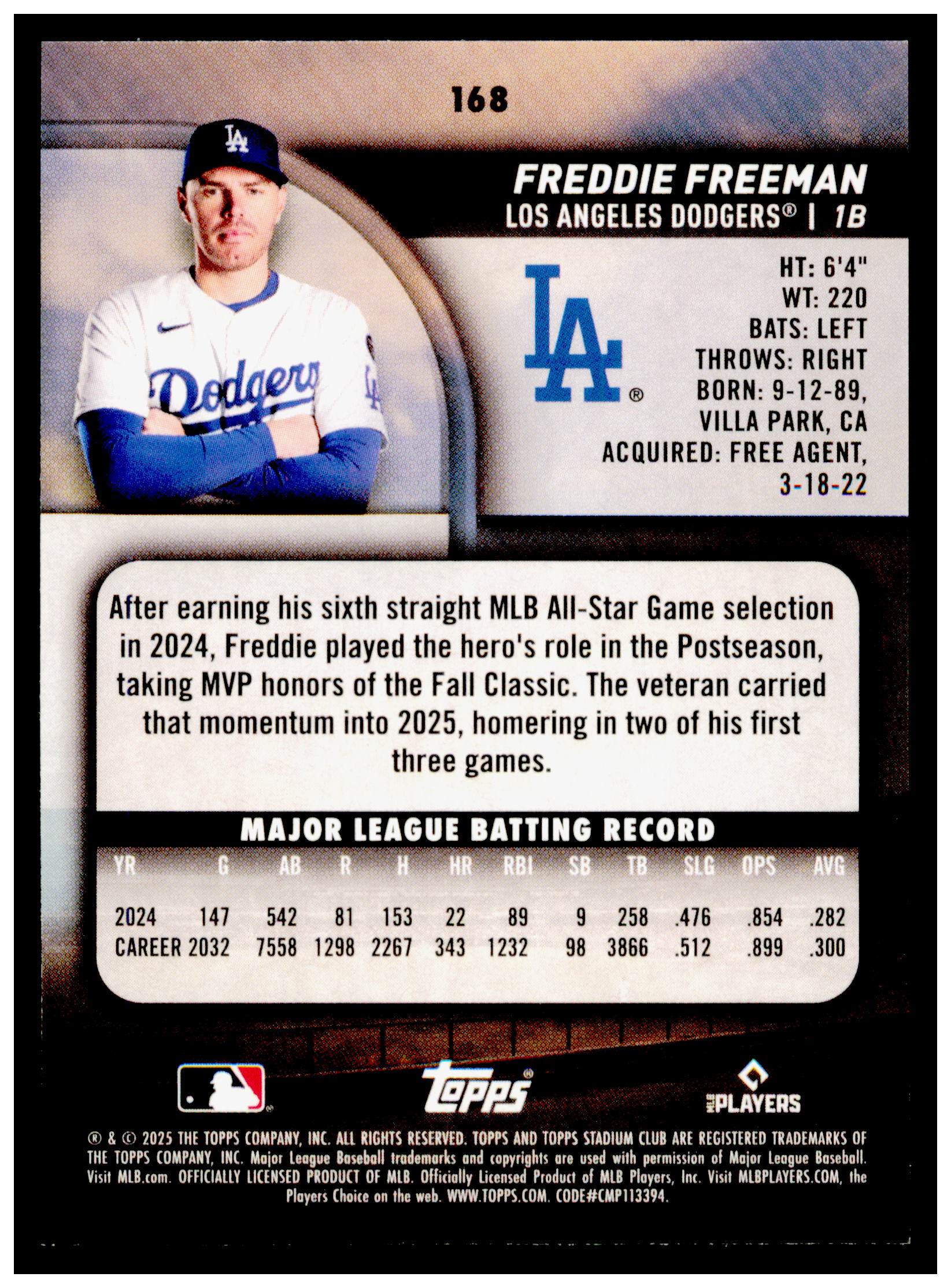 2025 Stadium Club Freddie Freeman Card Los Angeles Dodgers #168