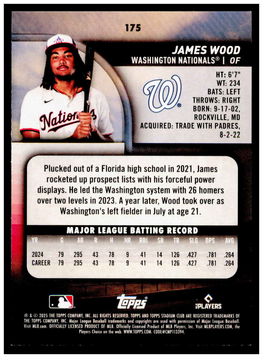 2025 Stadium Club James Wood Card RC Washington Nationals #175