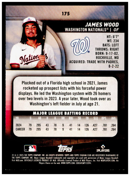 2025 Stadium Club James Wood Card RC Washington Nationals #175