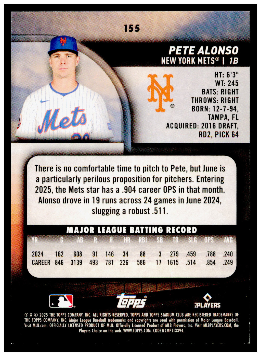 2025 Stadium Club Pete Alonso Card New York Mets #155