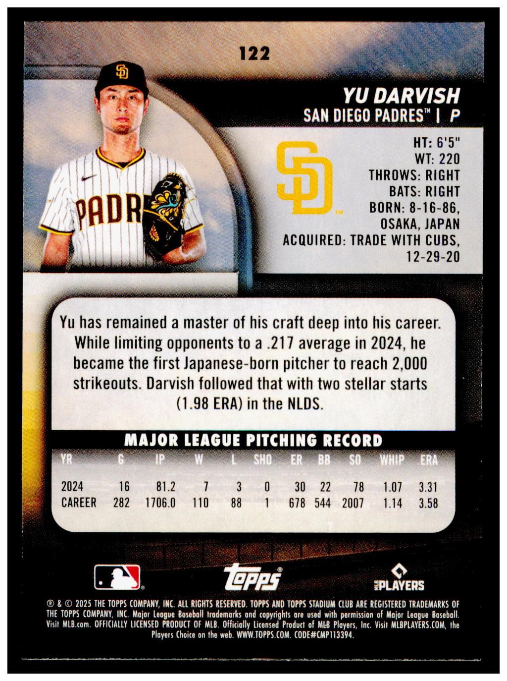 2025 Stadium Club Yu Darvish Card San Diego Padres #122