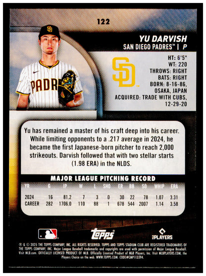 2025 Stadium Club Yu Darvish Card San Diego Padres #122
