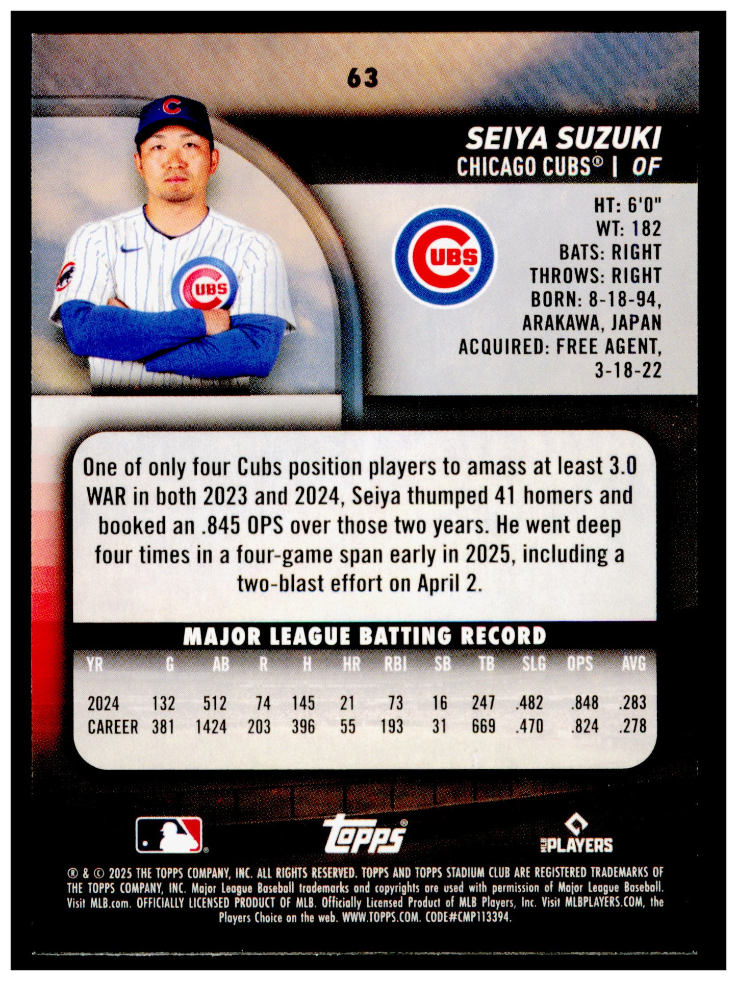 2025 Stadium Club Seiya Suzuki Card Chicago Cubs #63