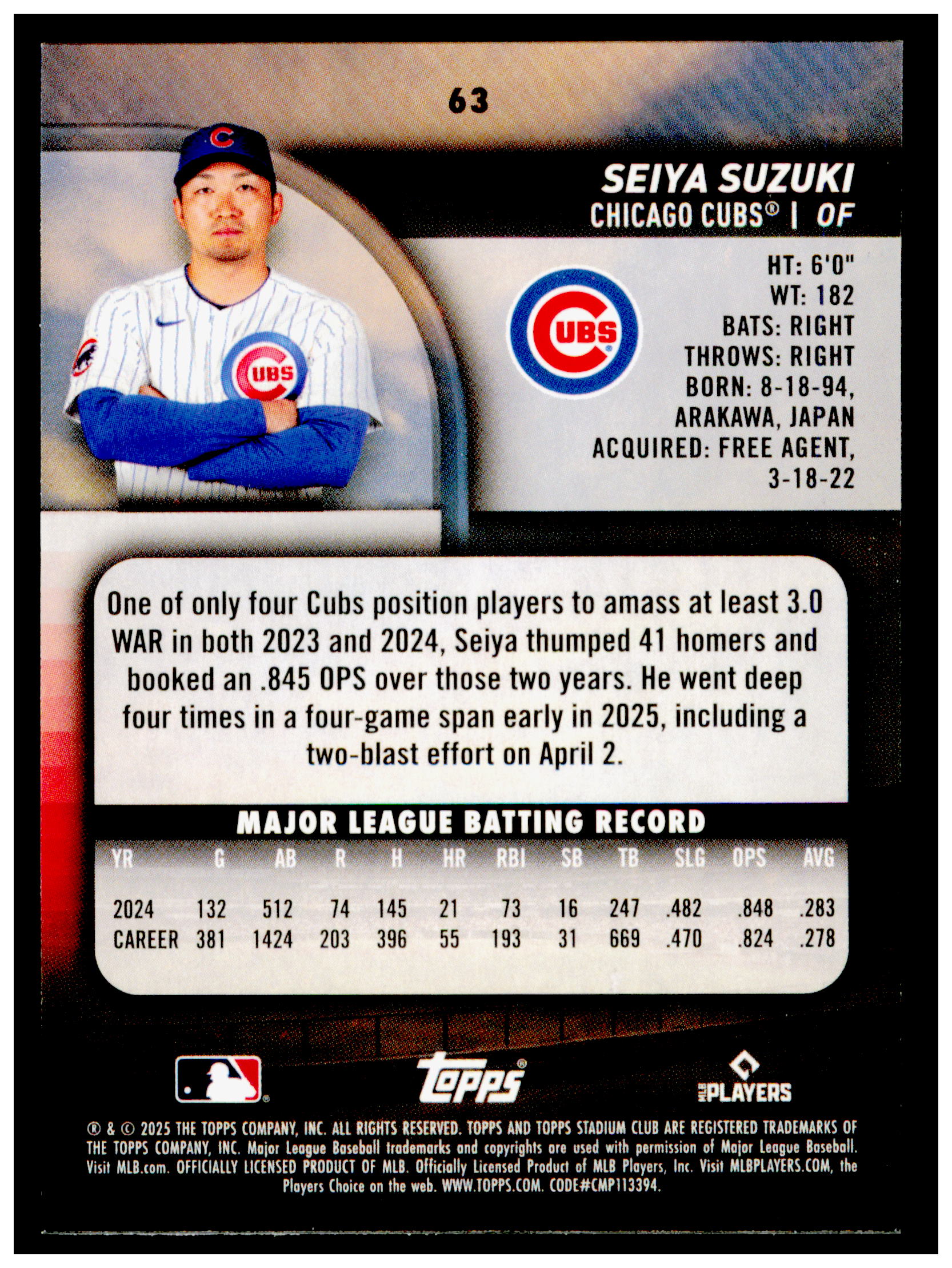 2025 Stadium Club Seiya Suzuki Card Chicago Cubs #63