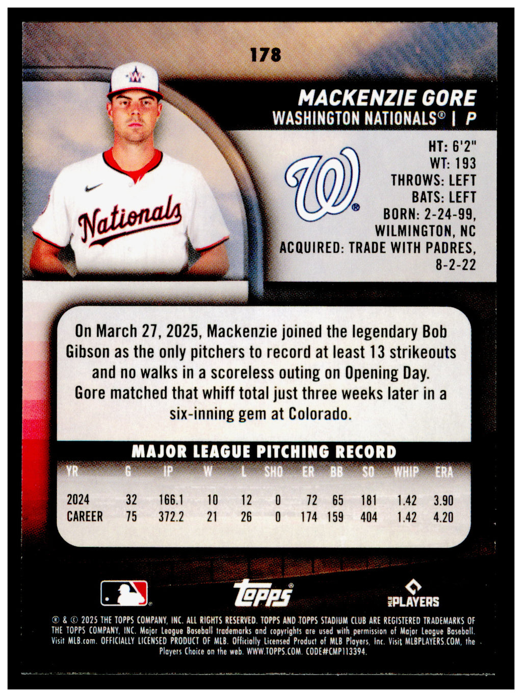 2025 Stadium Club Mackenzie Gore Card Washington Nationals #178