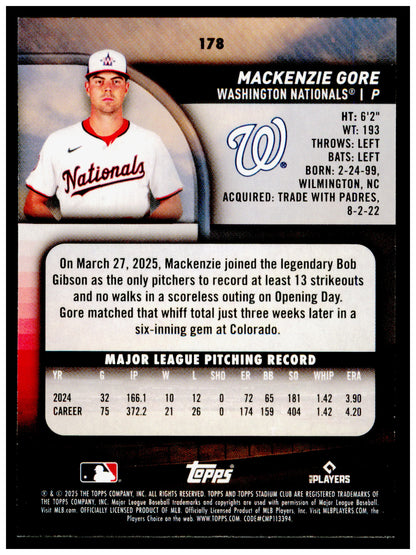 2025 Stadium Club Mackenzie Gore Card Washington Nationals #178
