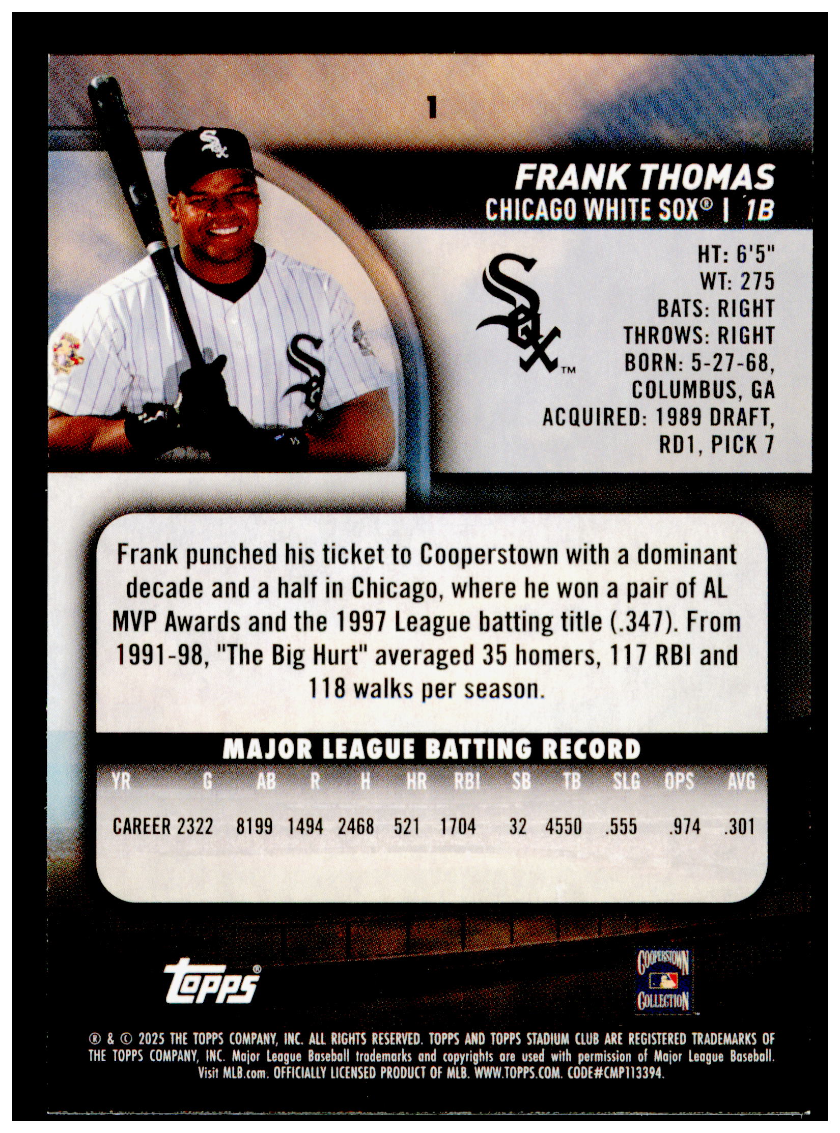 2025 Stadium Club Frank Thomas Card Chicago White Sox #1