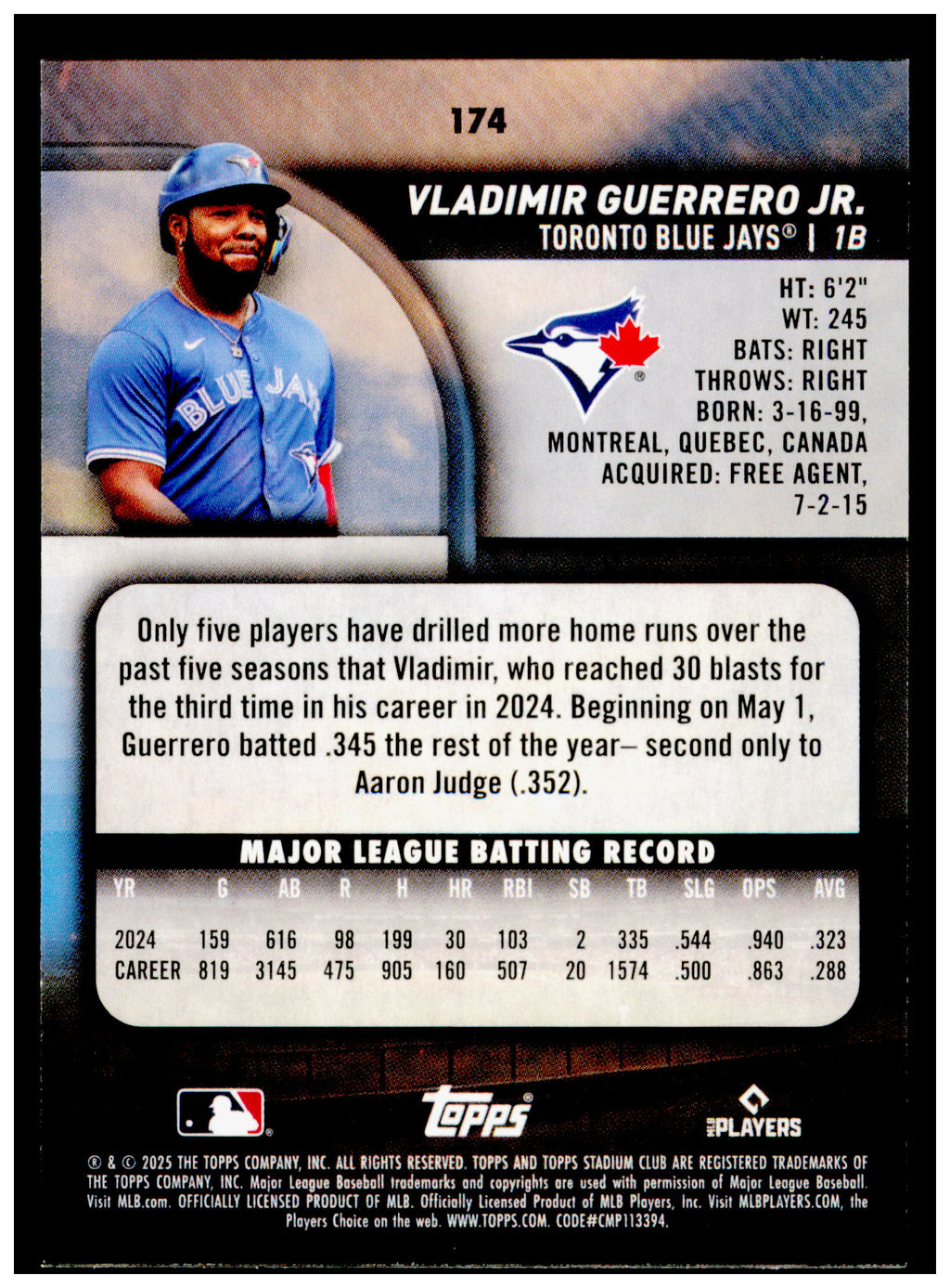 2025 Stadium Club Vladimir Guerrero Jr. Card Toronto Blue Jays #174