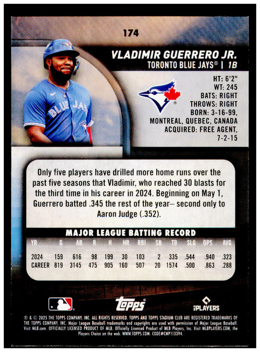 2025 Stadium Club Vladimir Guerrero Jr. Card Toronto Blue Jays #174