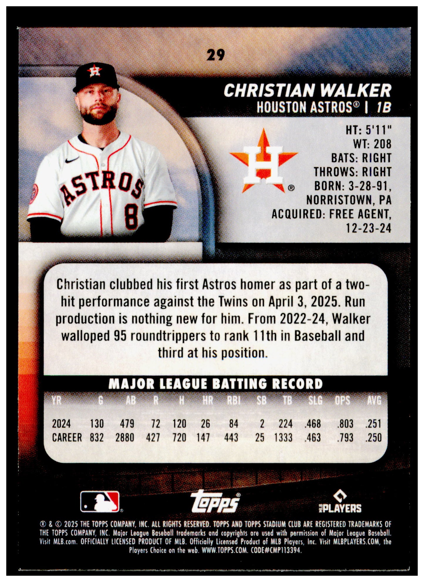 2025 Stadium Club Christian Walker Card Houston Astros #29