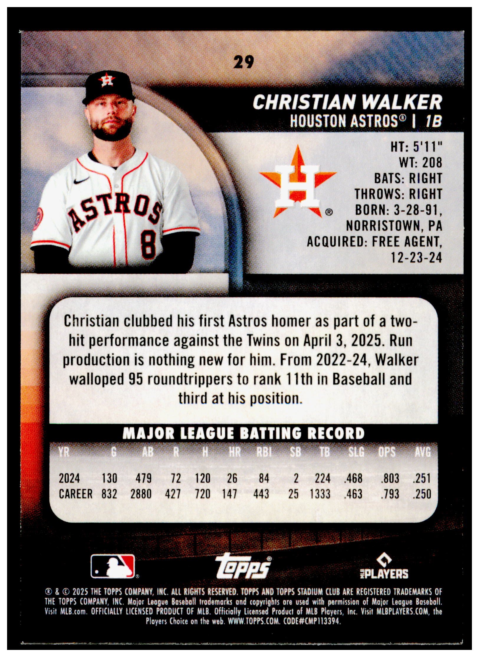 2025 Stadium Club Christian Walker Card Houston Astros #29