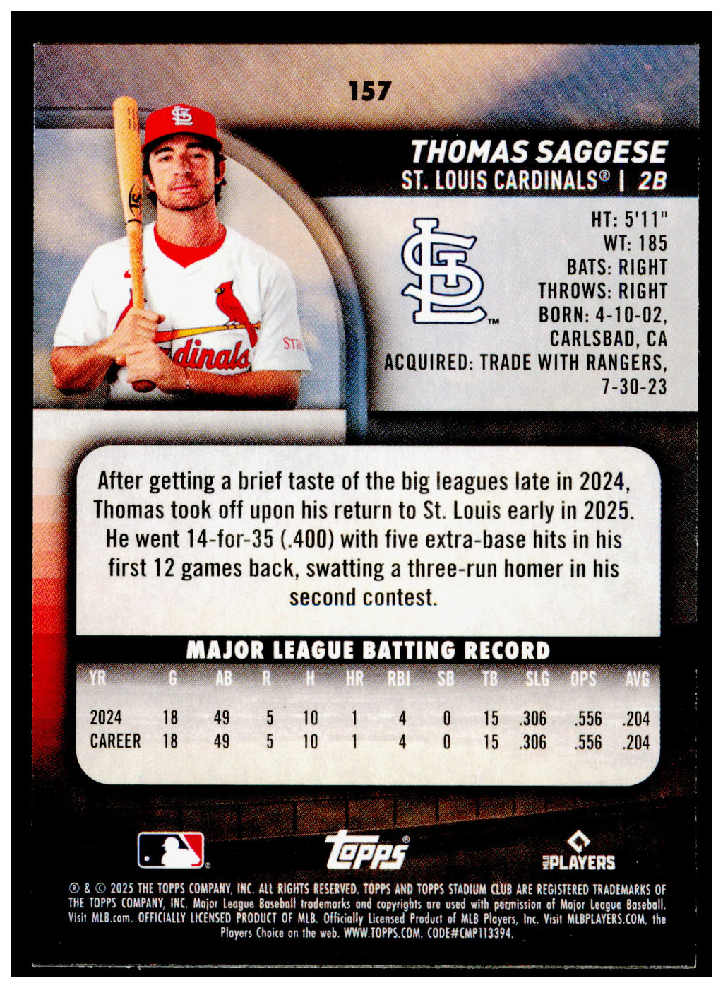 2025 Stadium Club Thomas Saggese Card RC St. Louis Cardinals #157