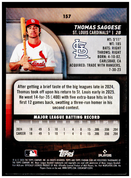 2025 Stadium Club Thomas Saggese Card RC St. Louis Cardinals #157