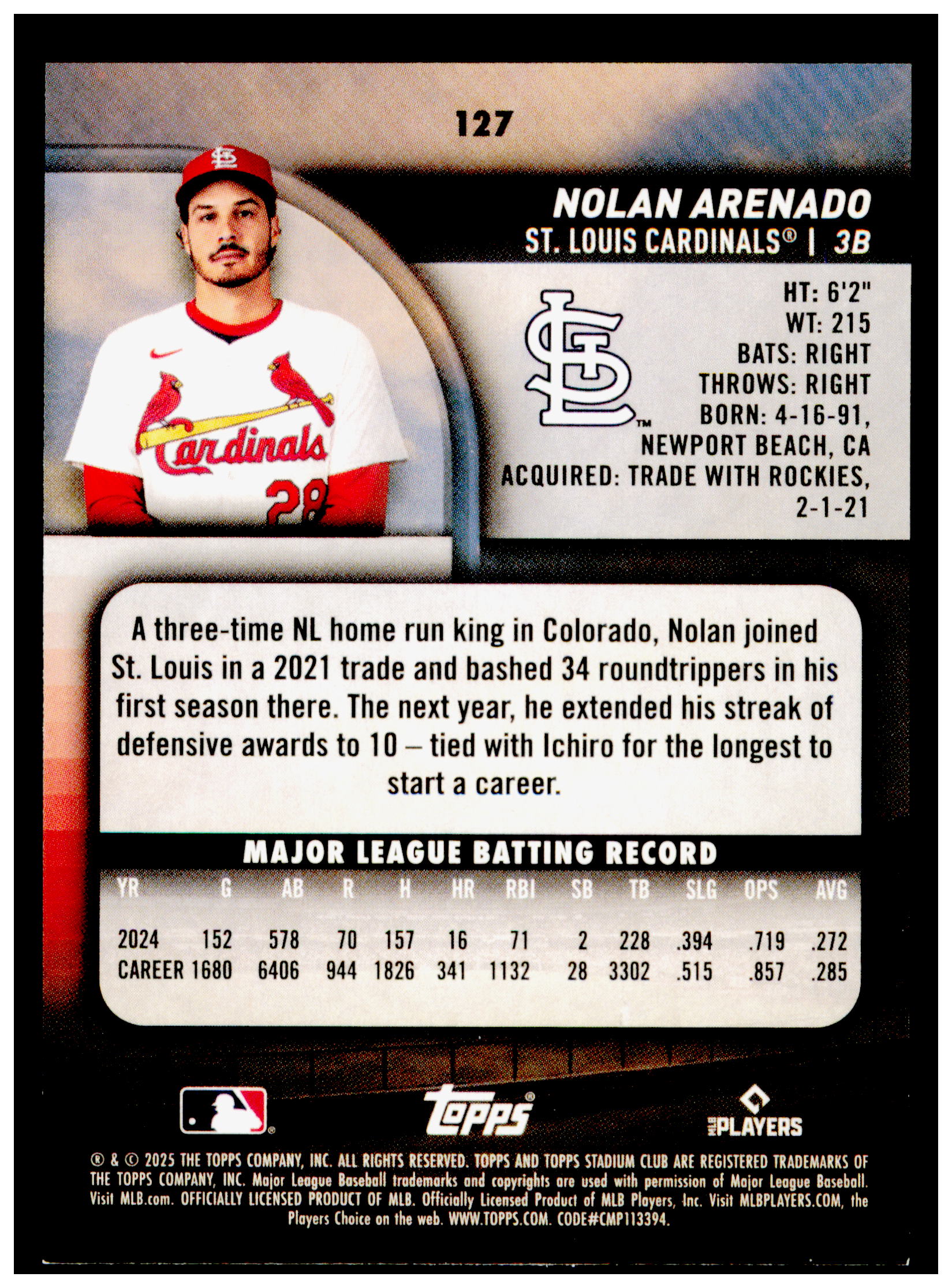 2025 Stadium Club Nolan Arenado Card St. Louis Cardinals #127