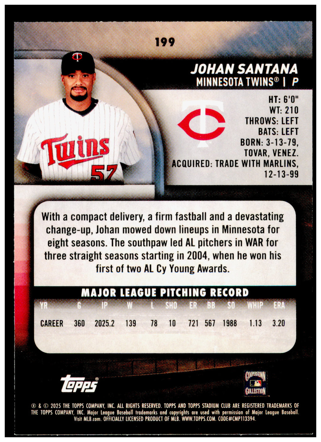 2025 Stadium Club Johan Santana Card Minnesota Twins #199