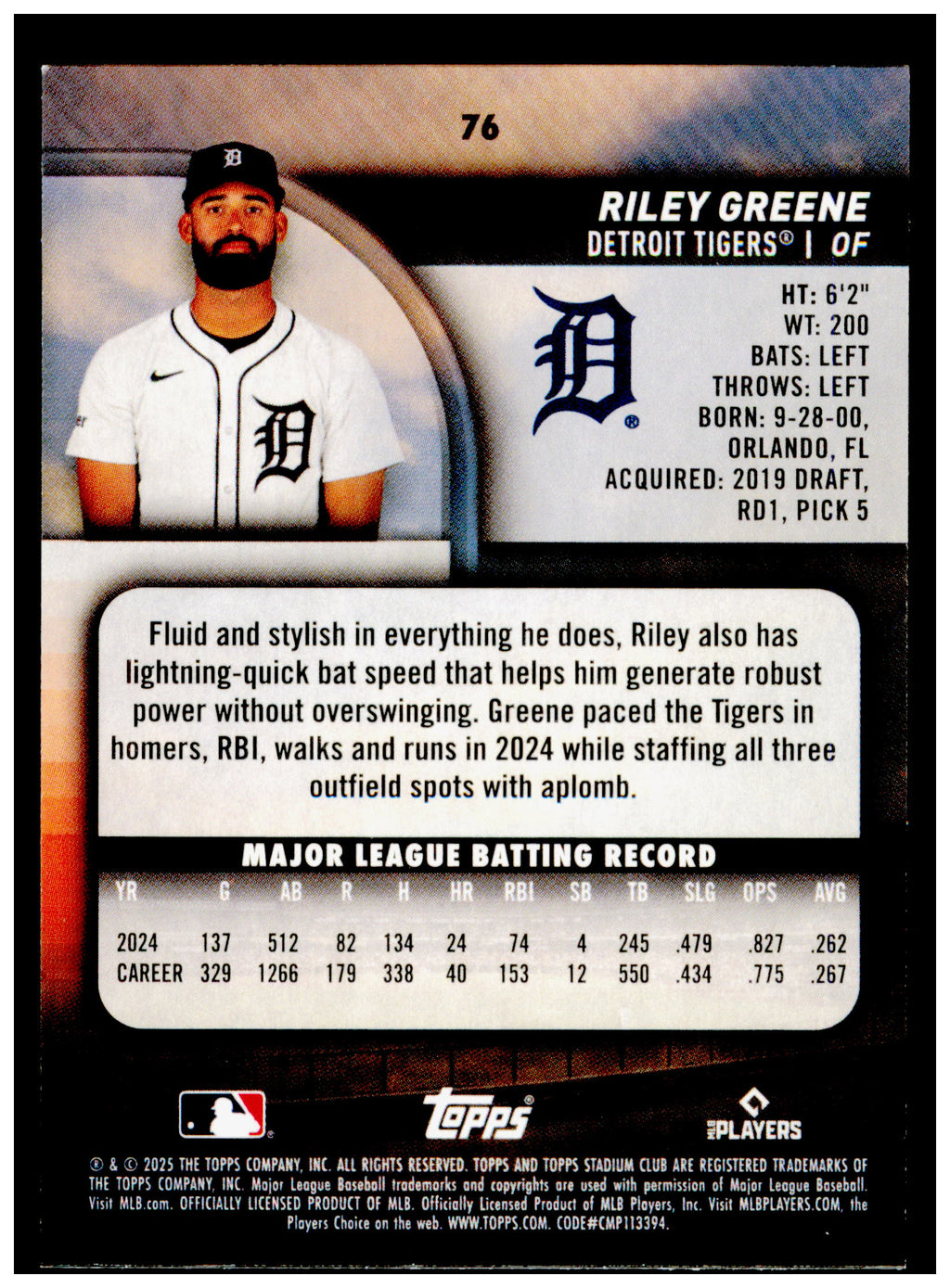 2025 Stadium Club Riley Greene Card Detroit Tigers #76