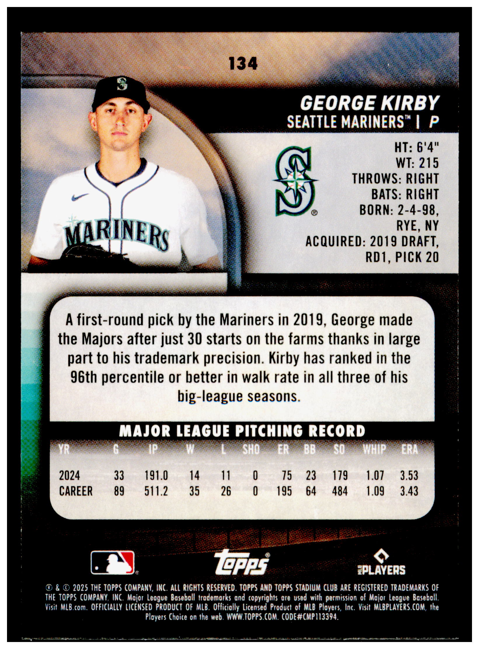 2025 Stadium Club George Kirby Card Seattle Mariners #134