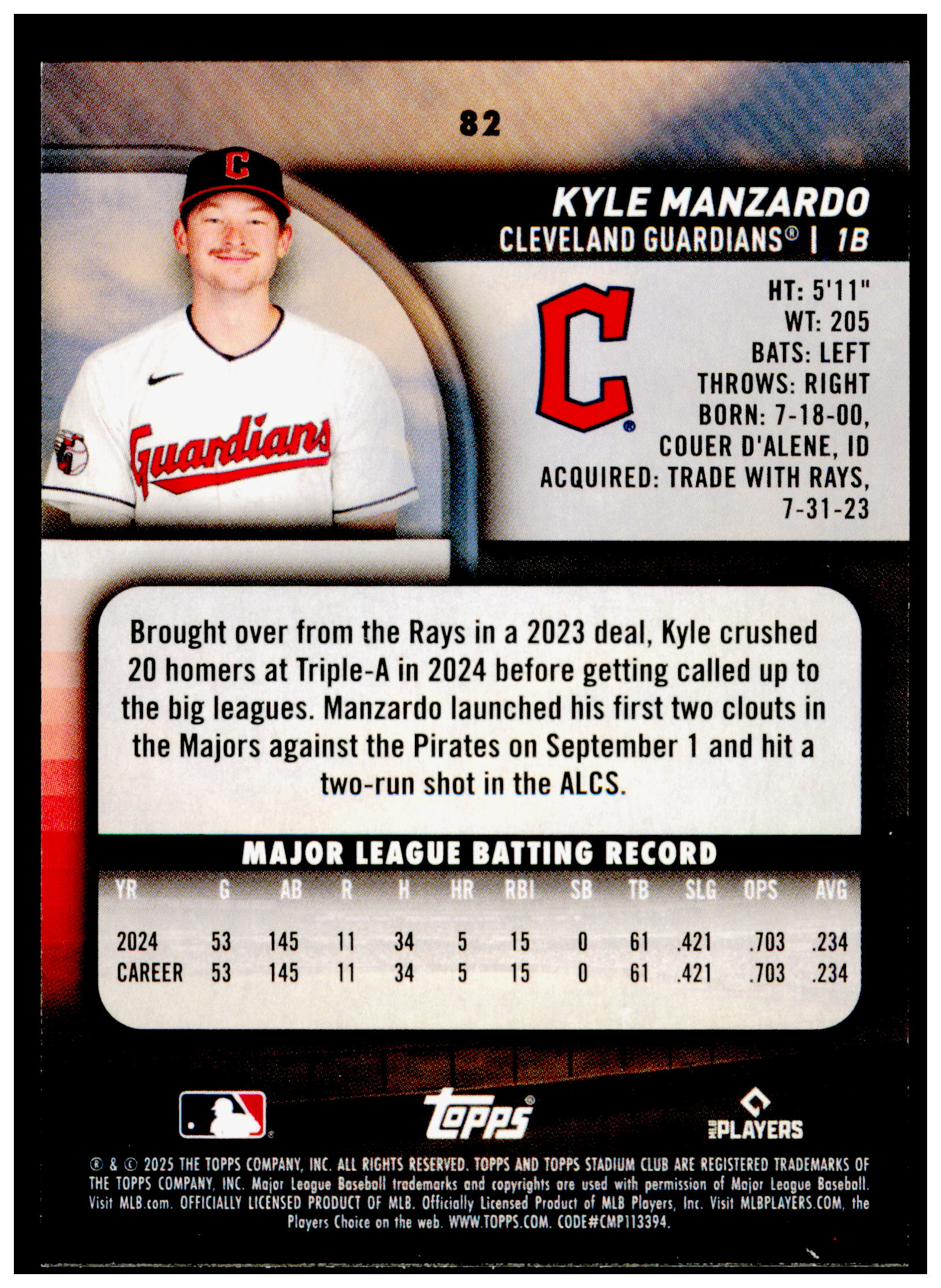 2025 Stadium Club Kyle Manzardo Card Cleveland Guardians #82