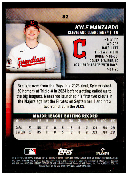 2025 Stadium Club Kyle Manzardo Card Cleveland Guardians #82
