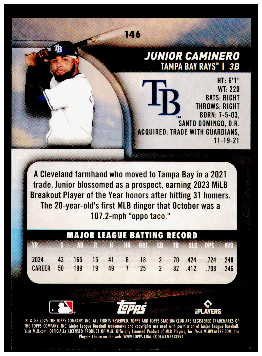 2025 Stadium Club Junior Caminero Card Tampa Bay Rays #146