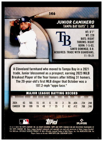 2025 Stadium Club Junior Caminero Card Tampa Bay Rays #146