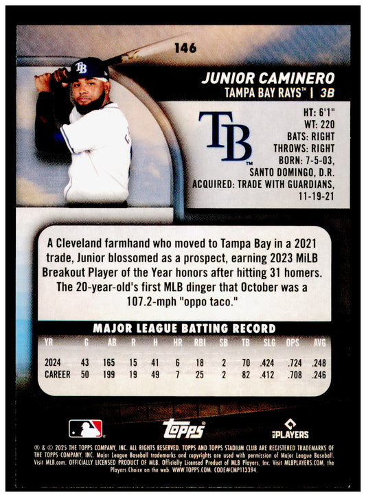 2025 Stadium Club Junior Caminero Card Tampa Bay Rays #146