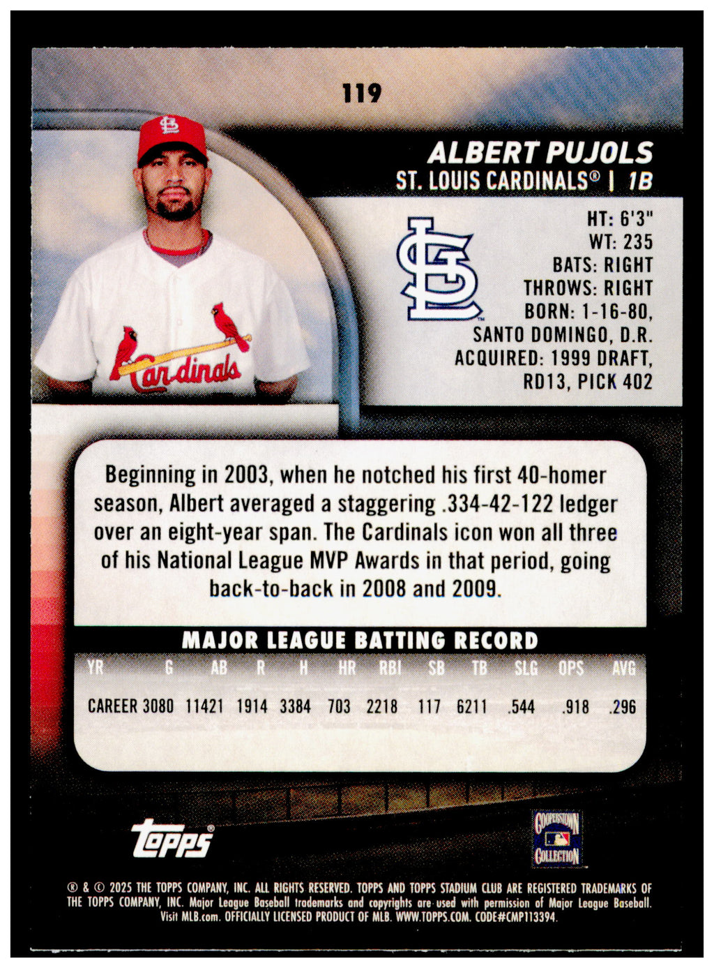 2025 Stadium Club Albert Pujols Card St. Louis Cardinals #119